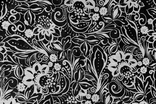 Black and white flower plant pattern on material
