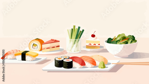 Sushi and dessert spread on table