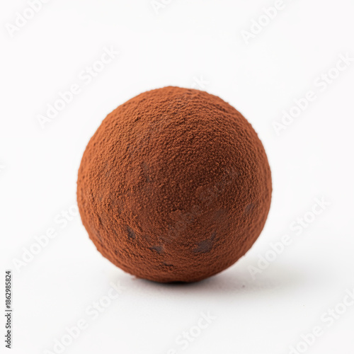 A brown ball covered in cocoa powder on a white background