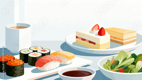 Sushi cake salad and tea on table