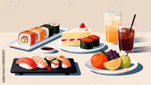 Sushi and desserts on a table