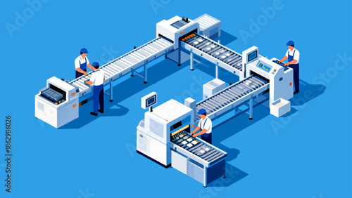 Factory workers operating assembly line