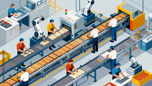 Factory workers on production line