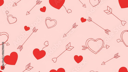 Valentine's day theme with red hearts and arrows on pink background, love and romance concept for greeting cards and decorations with valentine s day