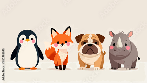 Four cartoon animals standing in a row