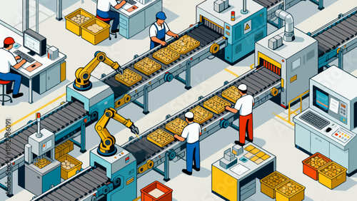 Factory production line with workers and robots