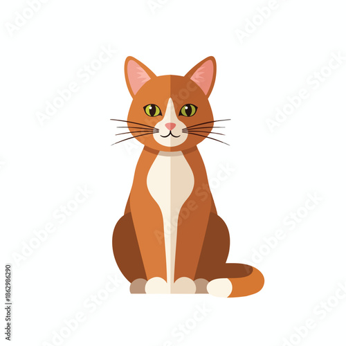 Vector illustration of a sitting orange cat with white chest and green eyes