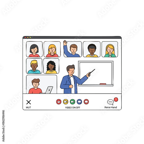 Digital illustration of an online meeting with instructor, students, and interface elements