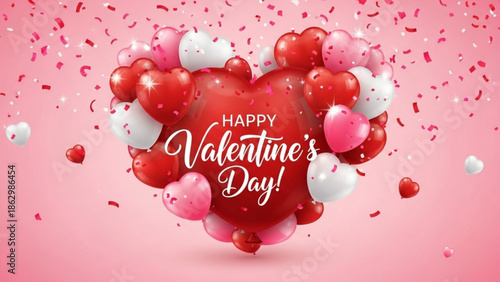 Happy valentines day celebration with heart shaped balloons and confetti on pink background for love and romance with Valentine s Day and festive