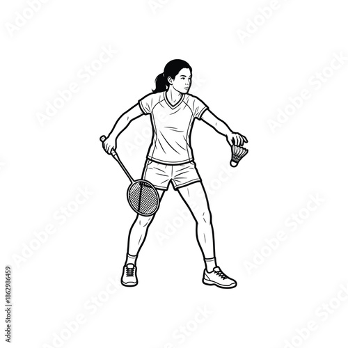 Female badminton player ready stance holding racket and shuttlecock competitive sportswoman line art vector illustration isolated on white background
