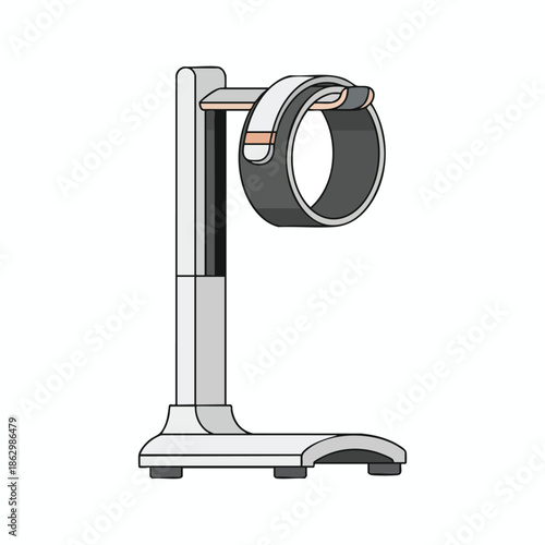 A stylized illustration of a stand featuring a circular structure and base