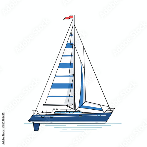 A stylized sailboat on water with blue stripes on sails. Flag waving on top