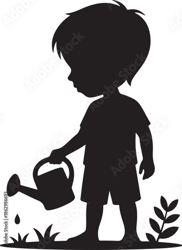 A silhouette of a child watering plants outside