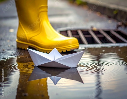 Papierboot in Wasserpfütze vor gelbem Gummistiefel