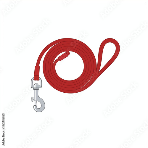 A coiled red leash with a metal clasp and handle against a white background
