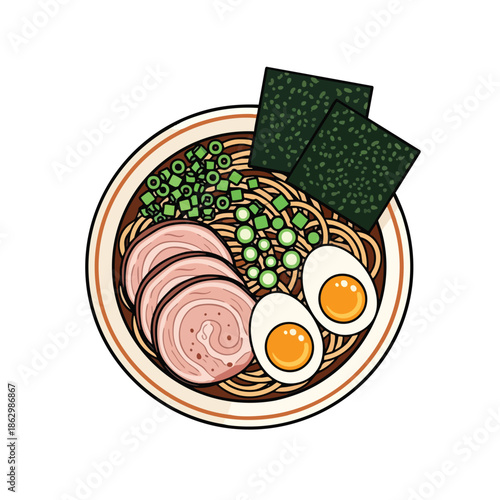 Illustration of a bowl of ramen with pork slices, eggs, seaweed, and scallions