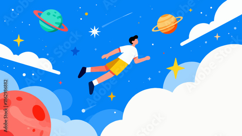 Person floating in space with planets