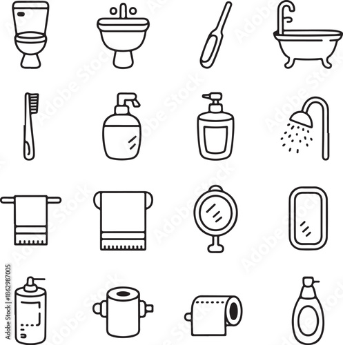A collection of black and white bathroom icons and objects