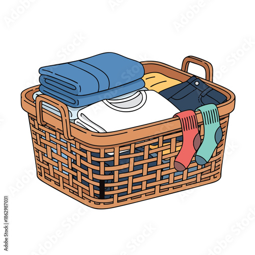 A wicker laundry basket filled with clothes, including folded towels and socks