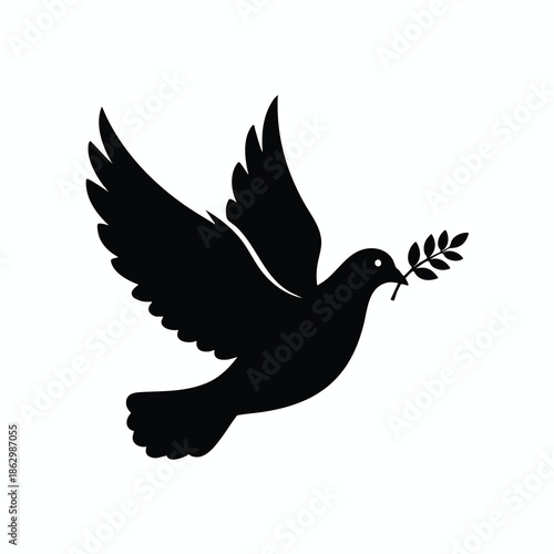 A black dove in flight, carrying an olive branch, against a white background