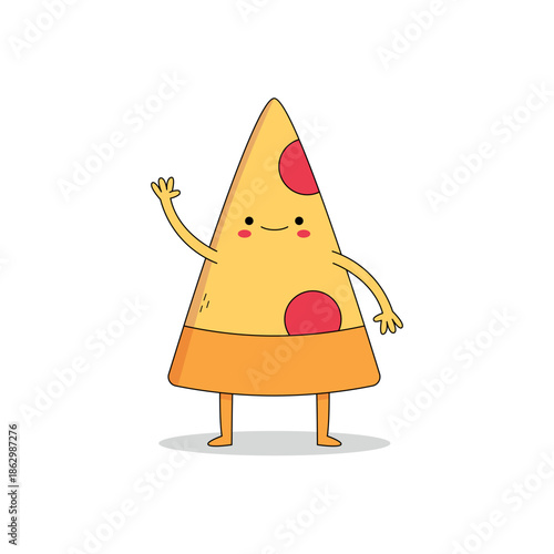 Cute pizza slice cartoon character waving hand hi doodle