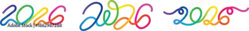 2026 New Year Continuous One Line Art. Gradient Outline Drawing Vector Numbers Design. Single Isolated Linear Color Art