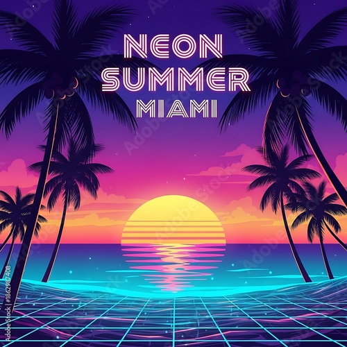 Neon Summer Miami - Retro Synthwave Beach Scene with Palm Trees.