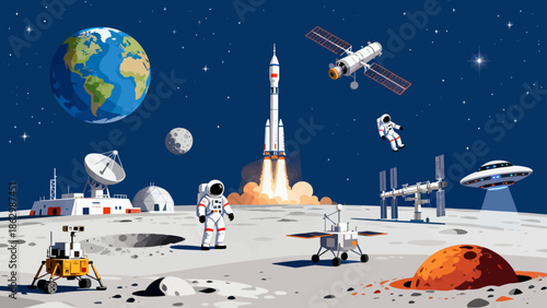 Moon base with astronauts rocket and satellite