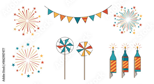 Party celebration kit including colorful fireworks, bunting banners, pinwheels, and bottle rockets for festive occasions and holidays.