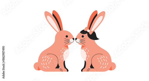 Pair of cute orange rabbits sitting face to face with one wearing a black bow in a simple flat illustration style.