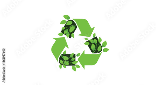 Green recycling symbol formed by three arrows and decorated with lush green vine leaves for sustainability concept.