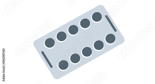 Medical blister pack containing ten round dark grey pills or capsules used for healthcare and medication concepts.