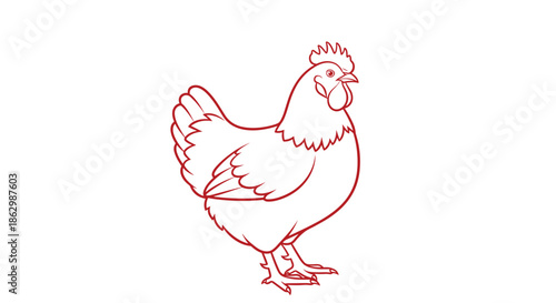 Simple red line art illustration of a chicken standing in profile against a plain white background for farm theme.