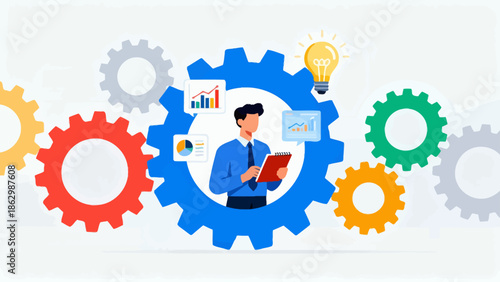 Businessman with gears and charts
