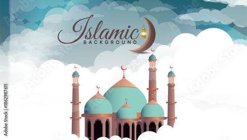 Vector illustration of an Eid Mubarak greeting card featuring a religious mosque with a dome and minaret inspired by Taj Mahal architecture in Agra India for Ramadan