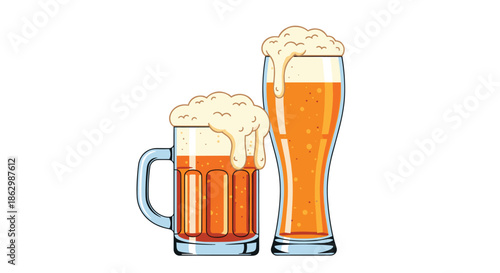 Large mug and a tall glass of light beer with a thick white foam head isolated on a plain white background for design.