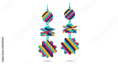 Pair of long dangling earrings with a vibrant striped pattern in teal, yellow, magenta, and dark blue colors.