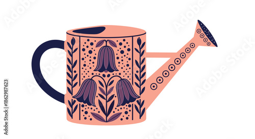 Ornate watering can featuring a sophisticated floral pattern with bell flowers in dark blue and soft pink tones on white.