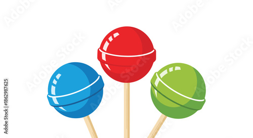 Collection of three colorful lollipops in blue red and green shades isolated on a plain white background for sweet treats.