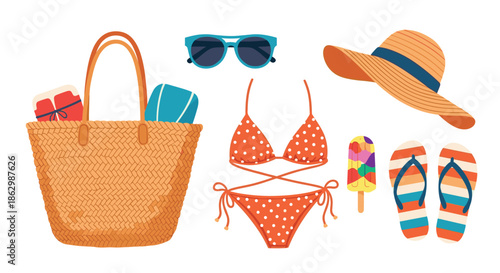 Variety of beach vacation essentials including a straw tote bag, sunglasses, bikini, sun hat, flip-flops, and an ice cream.