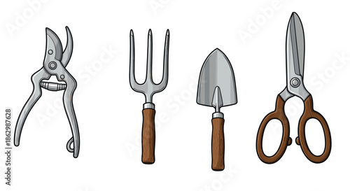 Hand drawn collection of essential gardening tools including pruners a garden fork a small trowel and long handled shears.