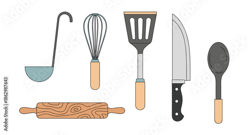 Practical set of essential kitchen utensils including a ladle whisk spatula chef knife large spoon and a wooden rolling pin.