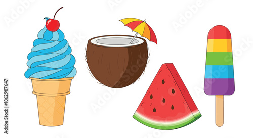 Collection of refreshing summer snacks including a blue ice cream cone a coconut drink watermelon slice and rainbow popsicle.
