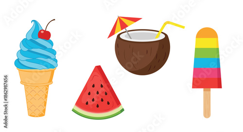 Vibrant set of summer food icons featuring a blue swirl ice cream cone watermelon slice coconut drink and colorful popsicle.