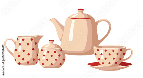 Elegant tea set featuring a teapot creamer sugar bowl and a teacup with saucer decorated with red polka dots on cream.
