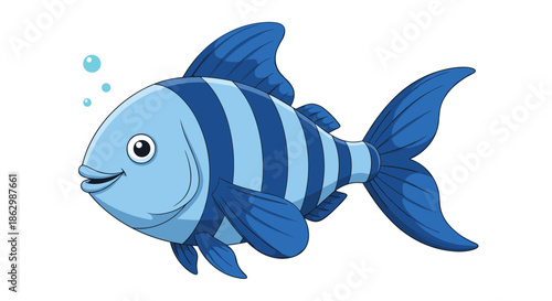 Friendly cartoon illustration of a blue striped fish swimming peacefully with tiny bubbles in a clear aquatic environment.