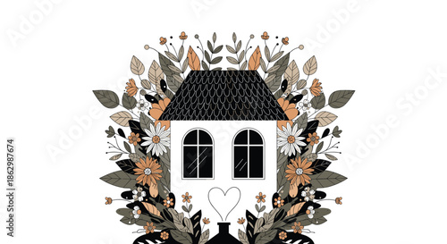 Charming illustration of a simple white house with a black roof nestled within a dense decorative floral and leaf arrangement.