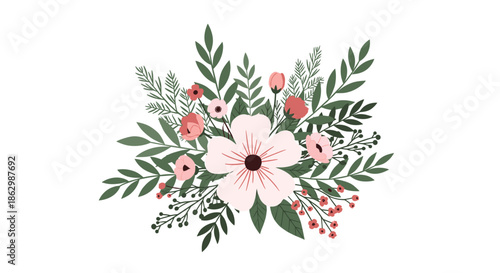 Delicate floral arrangement featuring a large light pink flower head surrounded by green leaves and tiny blossoms.