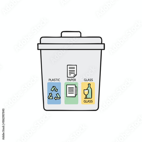 Illustrated trash bin depicting sections for plastic, paper, and glass materials