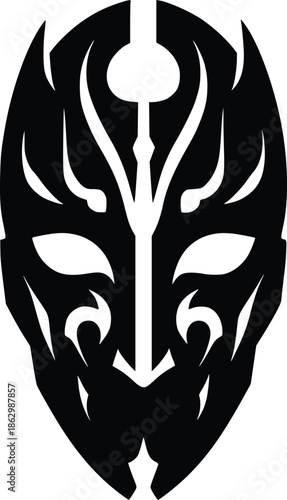 Black and white tribal mask design with sharp edges and stylized features
